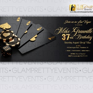 Black & Gold Las Vegas theme any age Birthday Invitation, Casino Night poker playing cards, poker chips, dice printable - Style Name: SMOOTH