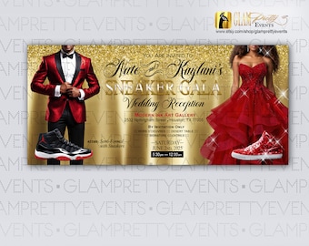 Red Burgundy Evening Gown Tuxedo, Wedding Reception Sneaker Ball Soiree Invitation, Sneaker Ball Gala, Prom Sendoff Event - Style: FALYN