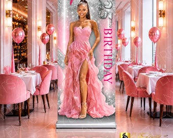 Pink and Silver 25th Birthday Retractable Banner, Artwork for Banner, Prom, Any Age Birthday, Event Party Décor - Style: VALERA