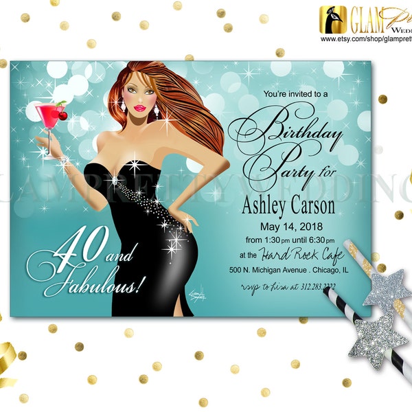40 & Fabulous Sexy Redhead Lady Birthday Invitation Strapless Little Black Dress - Printable or Printed - Style Name: ASHLEY