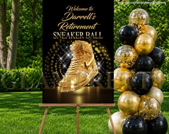 Gold and Black Sneaker Ball Welcome Sign, Sneaker Jam Retirement Party, 24" wide x 36" tall welcome sign - Style: HALO