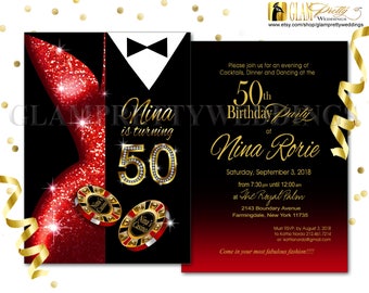 Las Vegas 50th Birthday Invite Red, Gold & Black Casino Chips Dice Black Tie Party Dress - Printable or Printed - Style Name: LESLIE