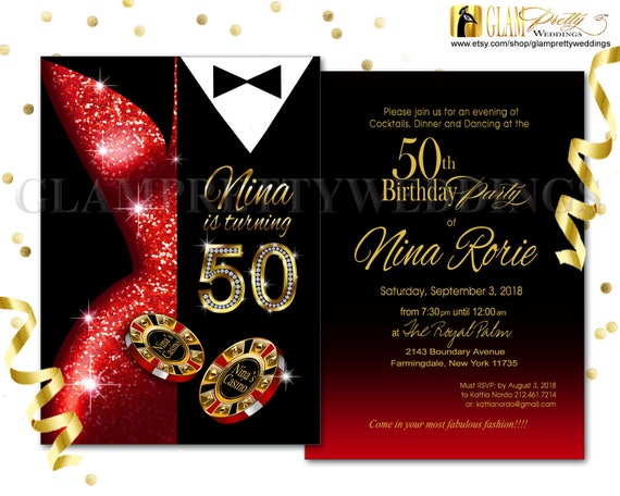 Las Vegas 50th Birthday Invite Red Gold & Black Casino Chips 