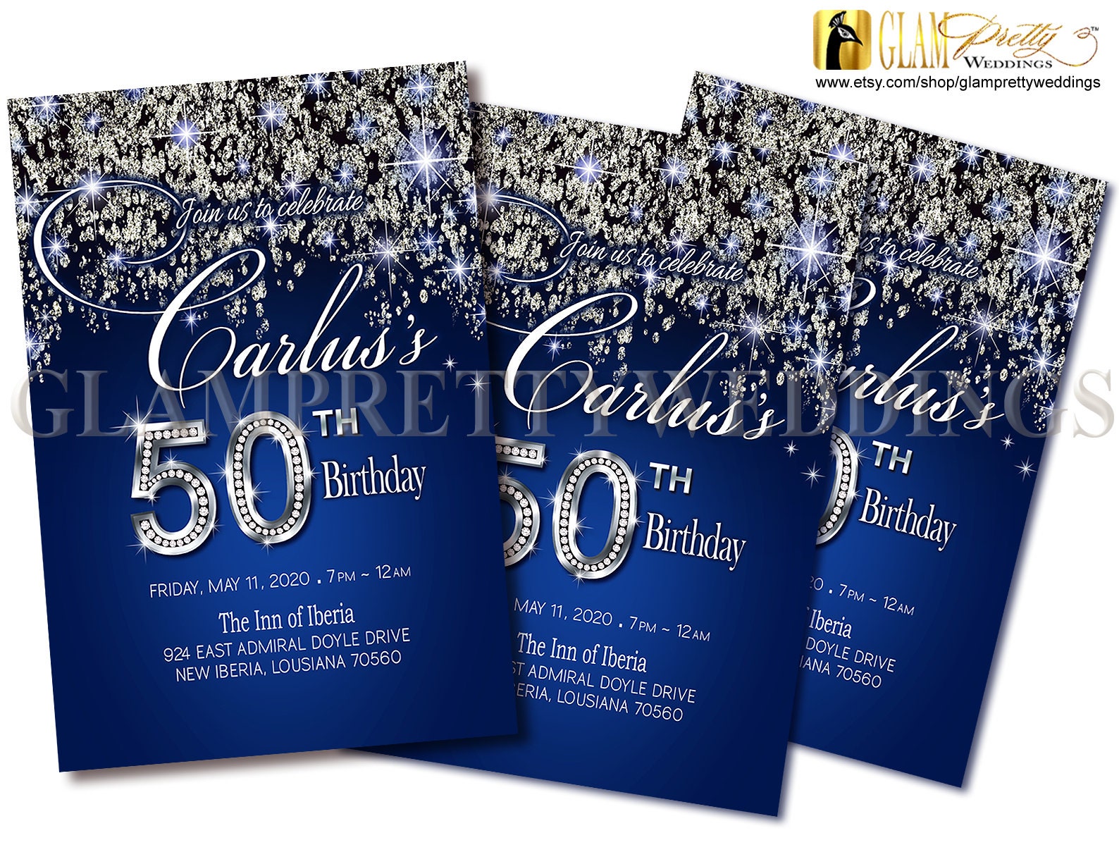 Navy Royal Blue Silver Glitter 50th Birthday Invite Diamond Etsy