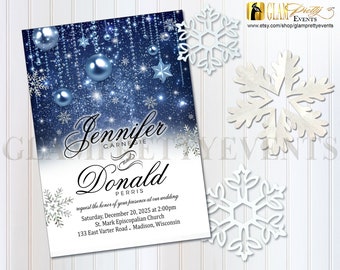 Blue & Silver Winter Wedding Invitation Christmas Wedding - Sparkle Glitter Snowflakes - Printable or Printed - Style Name: JENNIFER