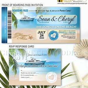 Yacht Destination Wedding Boarding Pass Nautical Invitation & RSVP card - Printable or Printed - Style Name: ALLY