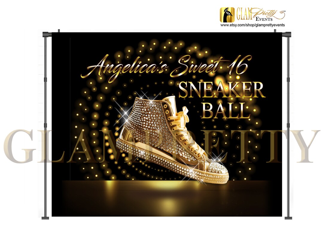 Gold Black Rhinestone Sneaker Ball Backdrop - Artwork for Sweet 16 ...