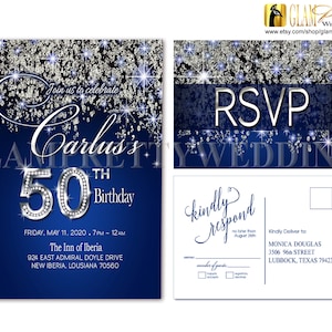 Navy Royal Blue Silver Glitter 50th Birthday Invite & rsvp Postcard - Glam Diamond Numbers Sparkle Glitter - Printable - Style Name: ALICIA