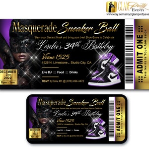Ticket Style Masquerade Sneaker Ball Invitation - Bling Purple Sneaker Ball flyer - PRINTABLE and/or Text-Ready - Style: LORELEI