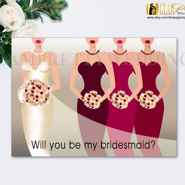 Marsala Dress Will You Be My Bridesmaid Invitation with personalized dress colors and skin complexions - PRINTABLE File - Style Name: CECILE