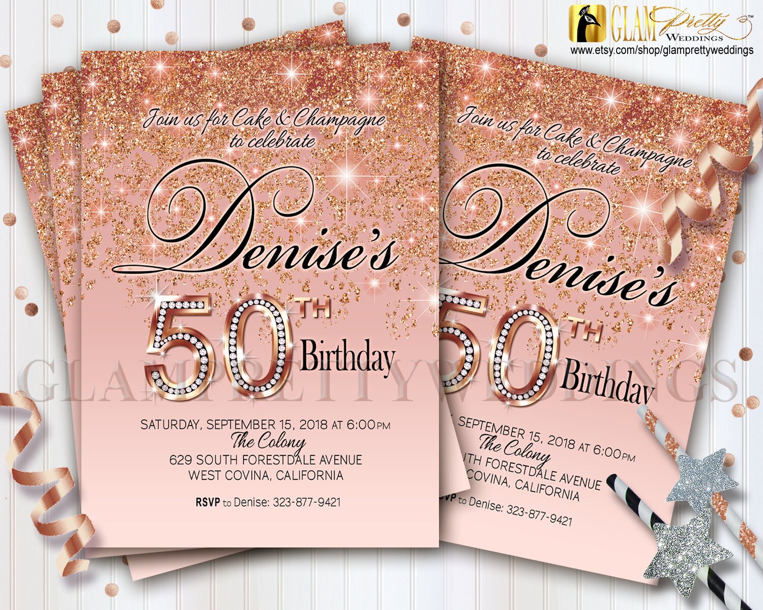 fifty and fabulous 50th birthday rose gold glitter invitation etsy