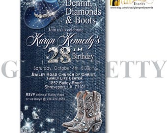 Puede incluir: Invitación con textura de mezclilla, sombrero de vaquero azul y botas con joyas. El texto dice "Denim, Diamonds & Boots" e invita a la celebración del 28 cumpleaños de Karyn Kennedy el 4 de octubre.