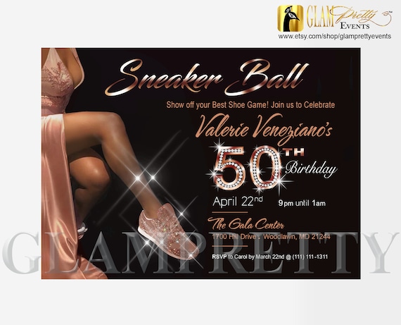50th Birthday Sneaker Ball Invitation, Black Rose Gold Bling Glitter Sneakers Gala invitation, Black Tie Event Invite - Style Name: LENA