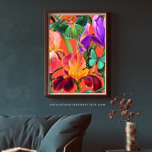 ENCHANTED TROPICS: Bold Colorful Tropical Butterfly Printed Wall Art || Tropical Butterfly Wall Art || Floral Wall Art || Gift for her