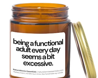 Being A Functional Adult Every Day Seems a Bit Excessive | 9oz Hand Poured Scented Soy Wax Candle| Funny Quote Gift | Home & Office Decor