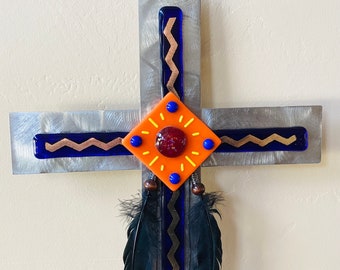 Cross wall decor, fused glass and stainless steel cross, religious art, wall art