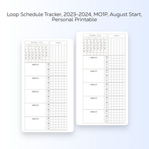 Op de afbeelding: Een persoonlijke, afdrukbare loop-schematracker voor 2023-2024, met maandkalenders voor november 2023 en december 2024. Het biedt ruimte voor wekelijkse planning. De tekst luidt: Loop Schedule Tracker, 2023-2024, MO1P, August Start, Personal Printable.