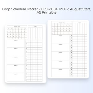 May include: Two white A5 printable loop schedule trackers for 2023-2024. Each page features a calendar, subject section, and space to write the week of the month. The text "Loop Schedule Tracker, 2023-2024, MO1P, August Start, A5 Printable" is at the top.