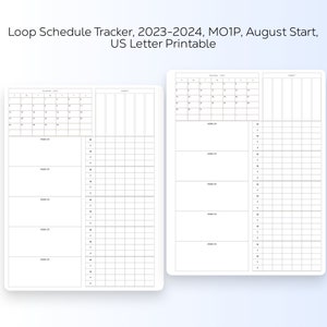 May include: A white printable loop schedule tracker for 2023-2024, with a US Letter size. The tracker includes calendars for November and December, with space for subjects and weekly schedules. The text "Loop Schedule Tracker, 2023-2024, MO1P, August Start, US Letter Printable" is at the top.