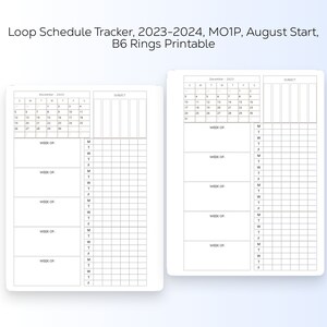 Puede incluir: Planificador de bucle imprimible para 2023-2024, diseñado para anillos B6. El diseño incluye calendarios mensuales para noviembre y diciembre, con espacio para la programación semanal y el seguimiento de temas. El diseño es limpio y minimalista.