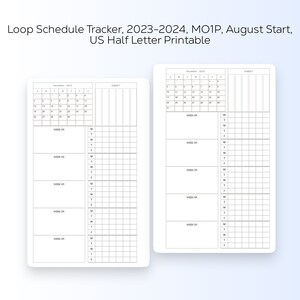 Könnte beinhalten: Doppelseitiger Ausdruck eines Loop-Zeitplan-Trackers. Der Tracker enthält Kalendermonate, Themenbereiche und Platz zum Eintragen der Wochen des Zeitplans. Der Text oben lautet: "Loop Schedule Tracker, 2023-2024, MO1P, August Start, US Half Letter Printable."