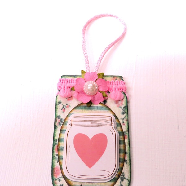 Mini Mason Jar Tag Valentine's Day Tag Pink Pom Pom Trim Tag Pink Heart Tag Pink Floral Tag To From Oval Label Tag Hanger of Satin Cord Tag