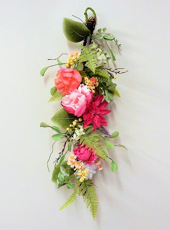 Flowering Teardrop Wreath Pink And Peach Tear Drop Wreath Etsy