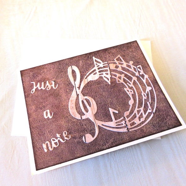 Masculine Just A Note Card Leather Like Cardstock Paper Creme and Tan Circular Musical Staff Grand Piano Picture Card for Dad Card for Uncle