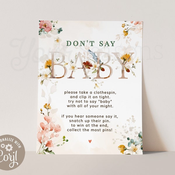 Floral Don't Say Baby Game Template, Baby Shower | INSTANT DOWNLOAD | editable digital file, Corjl- 09wg