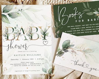 May include: A baby shower invitation bundle featuring a green and gold colour scheme. The invitation has a watercolour design with leaves and the text "Baby Shower". The bundle also includes a sign that says "Welcome to Ashley's Baby Shower", a diaper raffle card, a bingo card, and a thank you card.