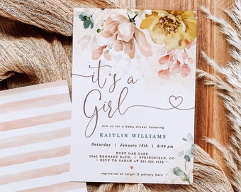 Girl Baby Shower Invitation Floral Bundle, DIGITAL Corjl editable templates