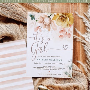 Girl Baby Shower Invitation Floral Bundle, DIGITAL Corjl editable templates