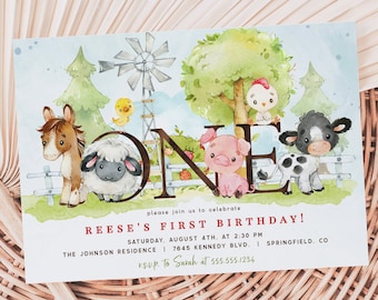Plantilla de invitación editable farm First Birthday para DESCARGAR, invitación a fiesta 5x7, archivo DIGITAL, Corjl