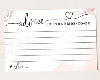 May include: A white card with a pink and green floral design. The card has the text "advice for the bride-to-be" and a line for writing. The card also has a small heart with the word "love" written below it.
