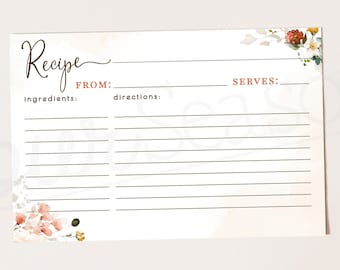 Floral Recipe Card Printable, Bridal Shower | INSTANT DOWNLOAD | editable digital file, Corjl- 09wg2