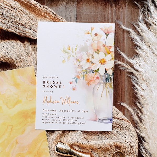 Orange Floral Bridal Shower Invitation, 5x7 digital TEMPLATE DOWNLOAD, Corjl