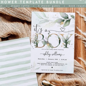 Boy Baby Shower Invitation Greenery, Corjl Editable Digital Template Bundle