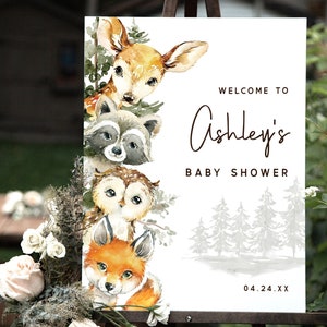Signo de bienvenida del bosque, animales del bosque Baby Shower 16x20, 18x24 imprimible INSTANT DOWNLOAD archivos digitales, Corjl - ws5
