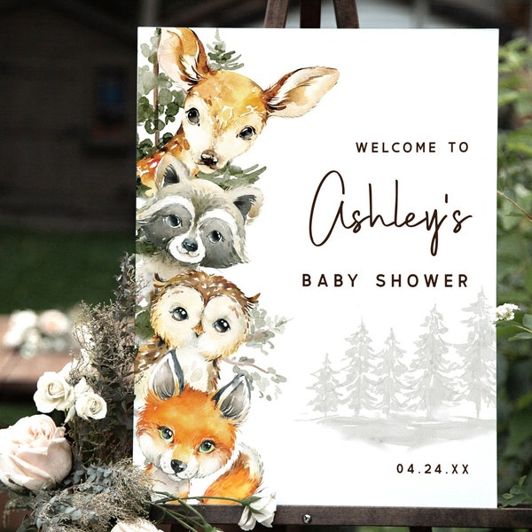Woodland Welcome Sign, Forest Animals Baby Shower 16x20, 18x24 printable INSTANT DOWNLOAD digital files, Corjl - ws5