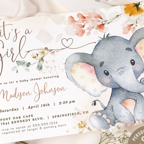 Elephant Baby Shower Invitation Pink Girl Jungle Floral Etsy