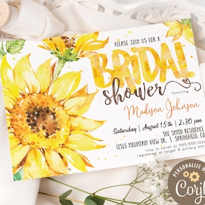 Sunflower Bridal Shower Invitation, Floral printable invite, INSTANT DOWNLOAD, fichier numérique modifiable