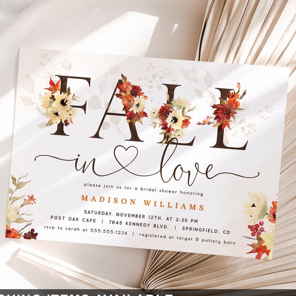 Fall in Love Bridal Shower Editable Invitation Template to DOWNLOAD, 5x7 invite, DIGITAL file, Corjl, bt54