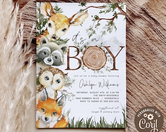 Woodland Boy Baby Shower Invitation, Forest Animals invite template DOWNLOAD | editable 5x7 DIGITAL file, Corjl, ws5