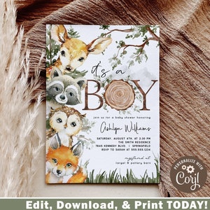 Woodland Boy Baby Shower Invitation, Forest Animals invite template DOWNLOAD | editable 5x7 DIGITAL file, Corjl, ws5