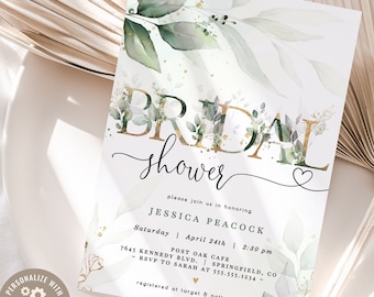 Editable Greenery Bridal Shower Invitation Template DOWNLOAD, Eucalyptus 5x7 invite, DIGITAL file, Corjl