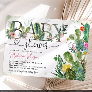 Cactus Baby Shower Invitation Template DOWNLOAD, Invito floreale 5x7, file DIGITALE modificabile, Corjl, wh32