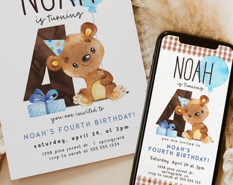 Bear 4th Birthday Invitation: Editable Balloon Design (Digital Download)