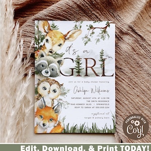 Woodland Girl Baby Shower Invitation, Forest Animals invite template DOWNLOAD | editable 5x7 DIGITAL file, Corjl, ws5