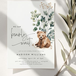 We Can Bearly Wait Baby Shower Invitation Boy, modello modificabile da scaricare, orsacchiotto, file DIGITALE Corjl bw1