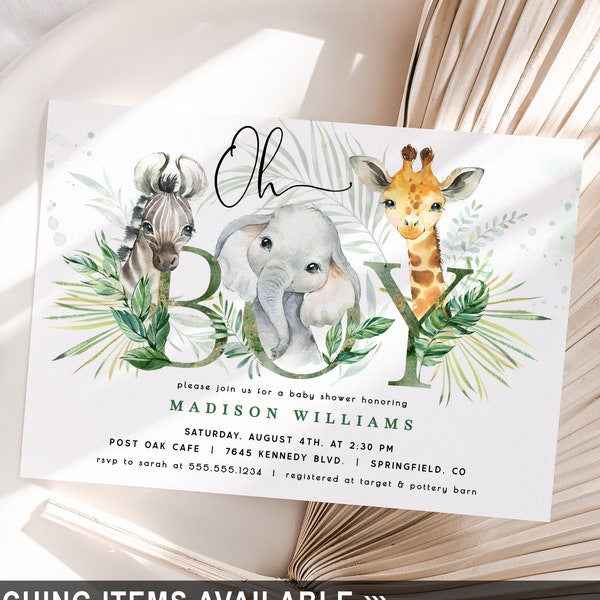 Safari Boy Baby Shower Invitation, Jungle Greenery template DOWNLOAD 5x7 invite, DIGITAL file, Corjl - saf1